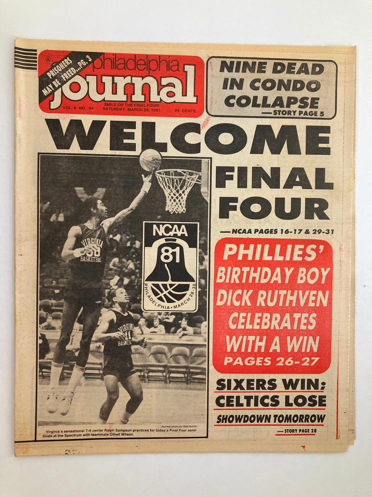 Cover of Philadelphia Journal Tabloid from March 28, 1981, Vol 4 #94 featuring NCAA basketball coverage with Ralph Sampson. Highlights include 'WELCOME FINAL FOUR' and various sports news.