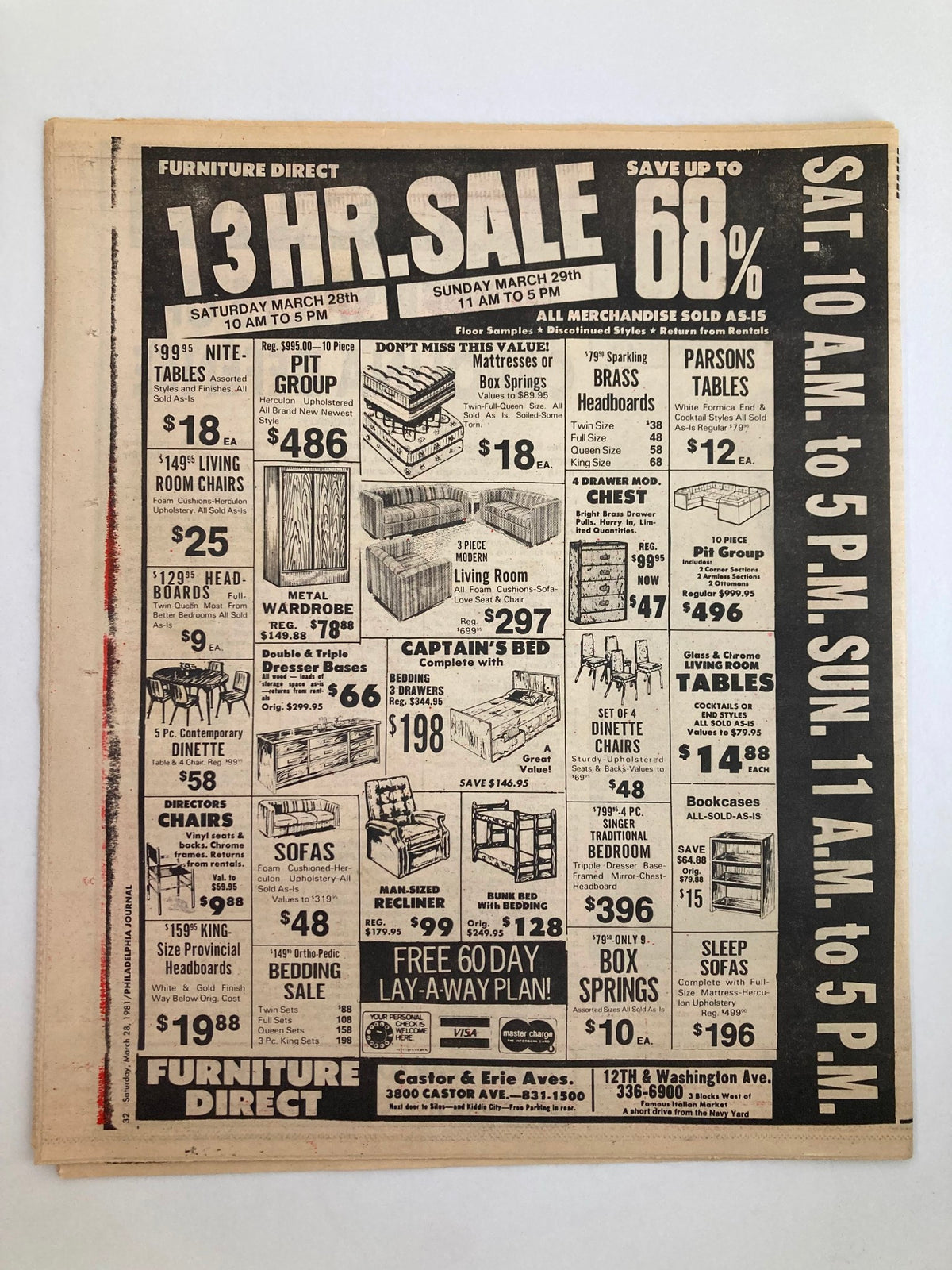 Back cover of Philadelphia Journal Tabloid from March 28, 1981, featuring an advertisement for furniture sales. Highlights a 13-hour sale with discounts on various furniture items.