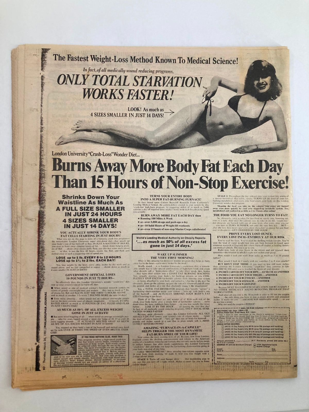 Philadelphia Journal Tabloid March 26, 1981, featuring NBA player Julius Erving on the cover. The image displays a vintage newspaper with headlines about a weight-loss diet and an advertisement promoting fitness and health.