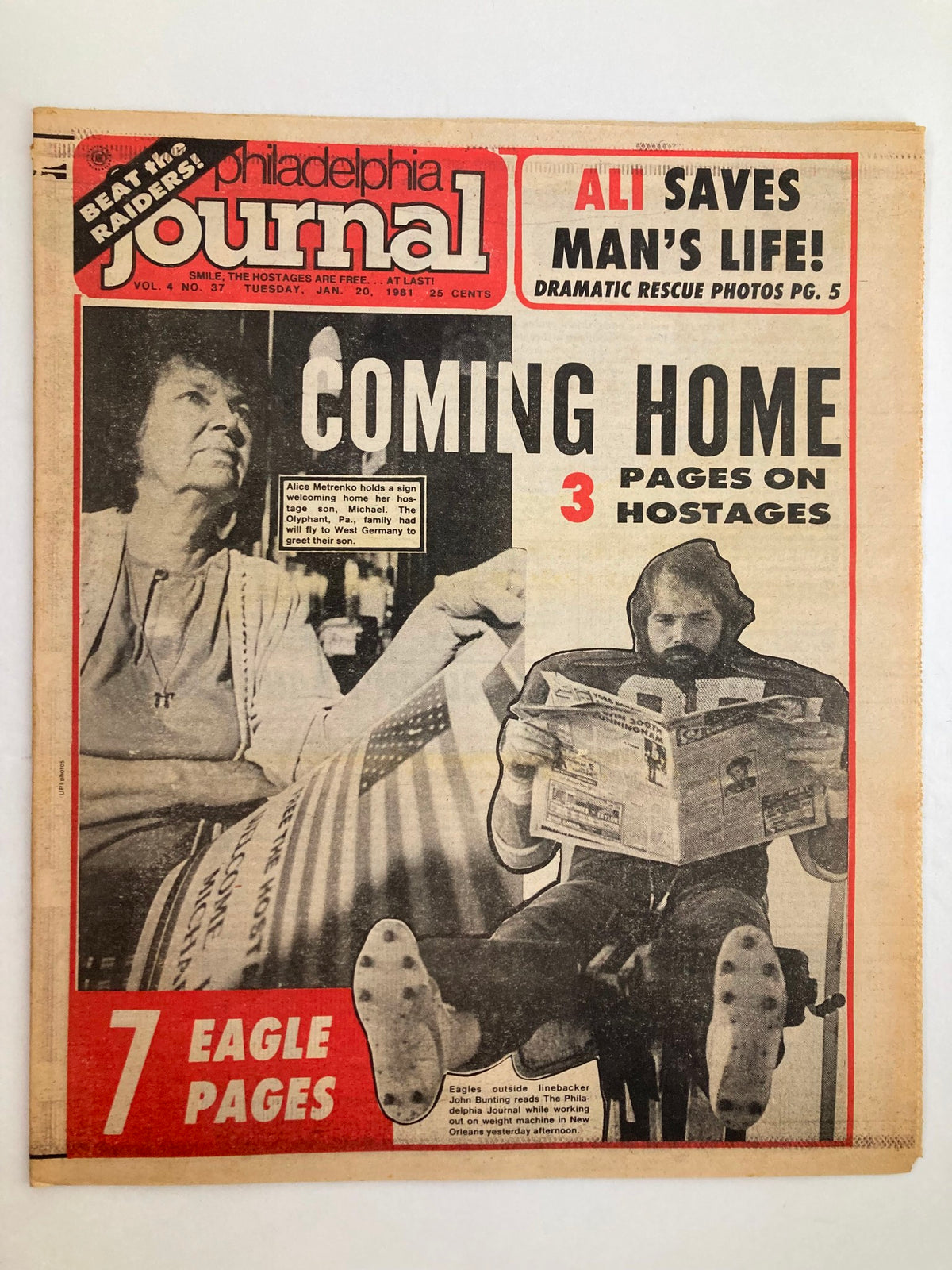Philadelphia Journal Tabloid January 20 1981 Vol 4 #37 featuring NFL Eagles and John Bunting, showcasing a vintage newspaper cover with bold headlines and images.