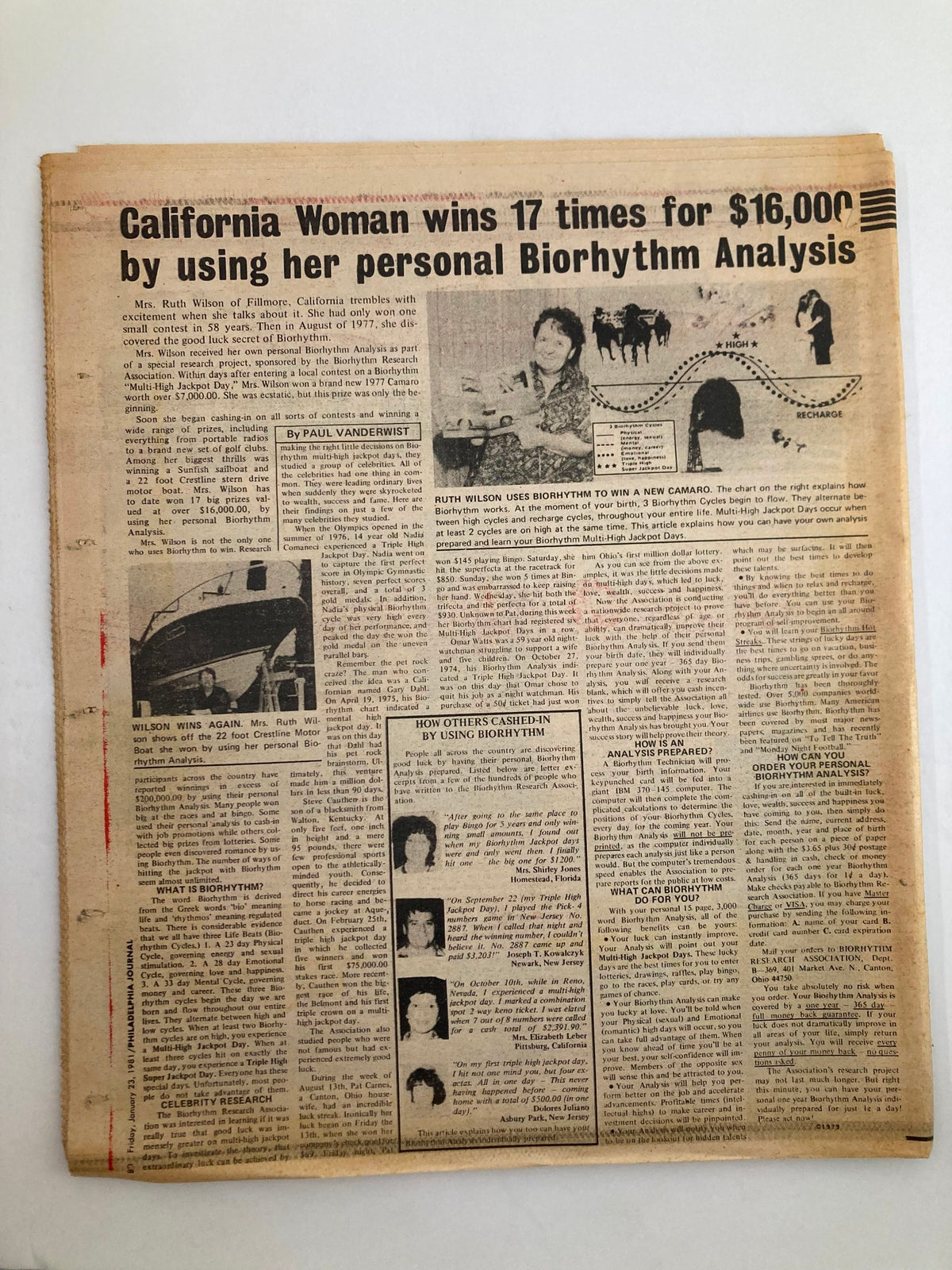 Interior page of the Philadelphia Journal Tabloid, January 23, 1981, Volume 4, Issue #40, discussing a California woman who won contests using personal Biorhythm Analysis.