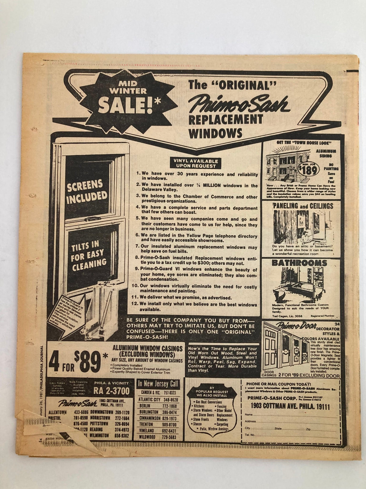 Back cover of Philadelphia Journal Tabloid January 26 1981 Vol 4 #42 featuring advertisements for Primosash Replacement Windows, showcasing home improvement options.