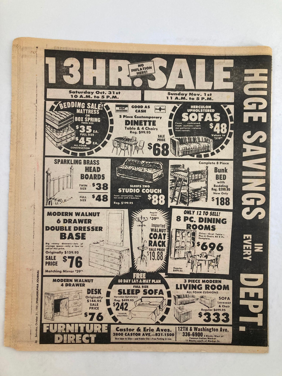 Philadelphia Journal advertisement from October 31, 1981, showcasing a 13-hour sale with furniture deals. The image lists various products and prices, highlighting sales on mattresses, dining sets, and living room furniture.