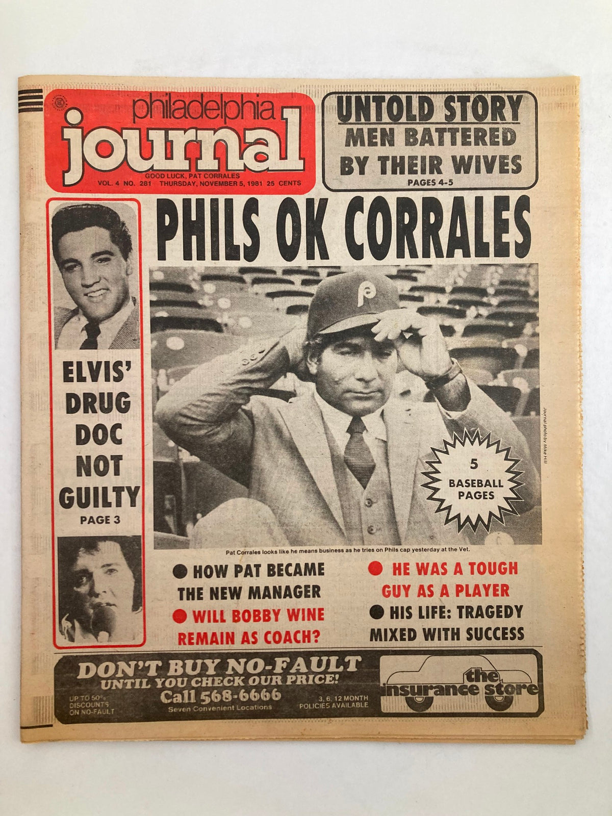 Philadelphia Journal tabloid from November 5, 1981 featuring article about MLB Phillies and Pat Corrales, with headline 'PHILS OK CORRALES' and images of baseball players.