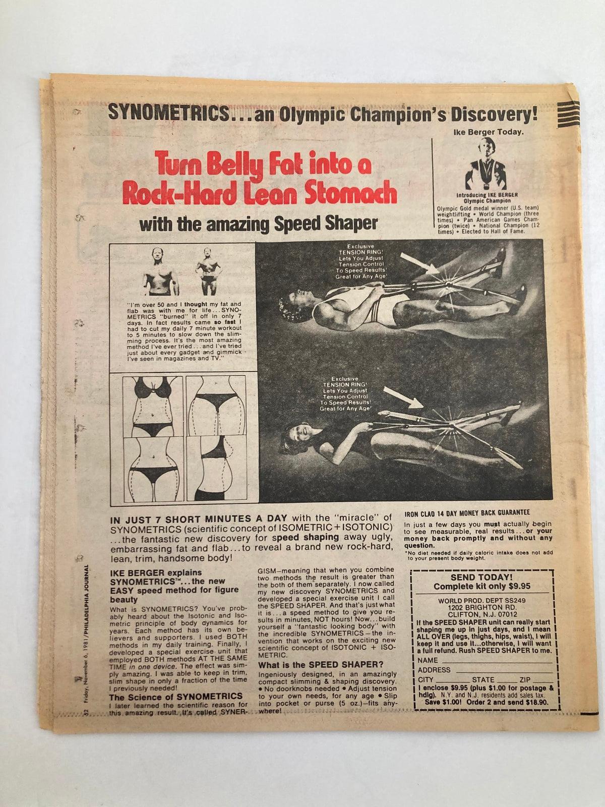 Philadelphia Journal Tabloid November 6 1981 Vol 4 #282 advertisement for SynoMetrics claiming to turn belly fat into a rock-hard lean stomach, promoting the Speed Shaper product. This old newspaper reflects the advertising trends of the 1980s.