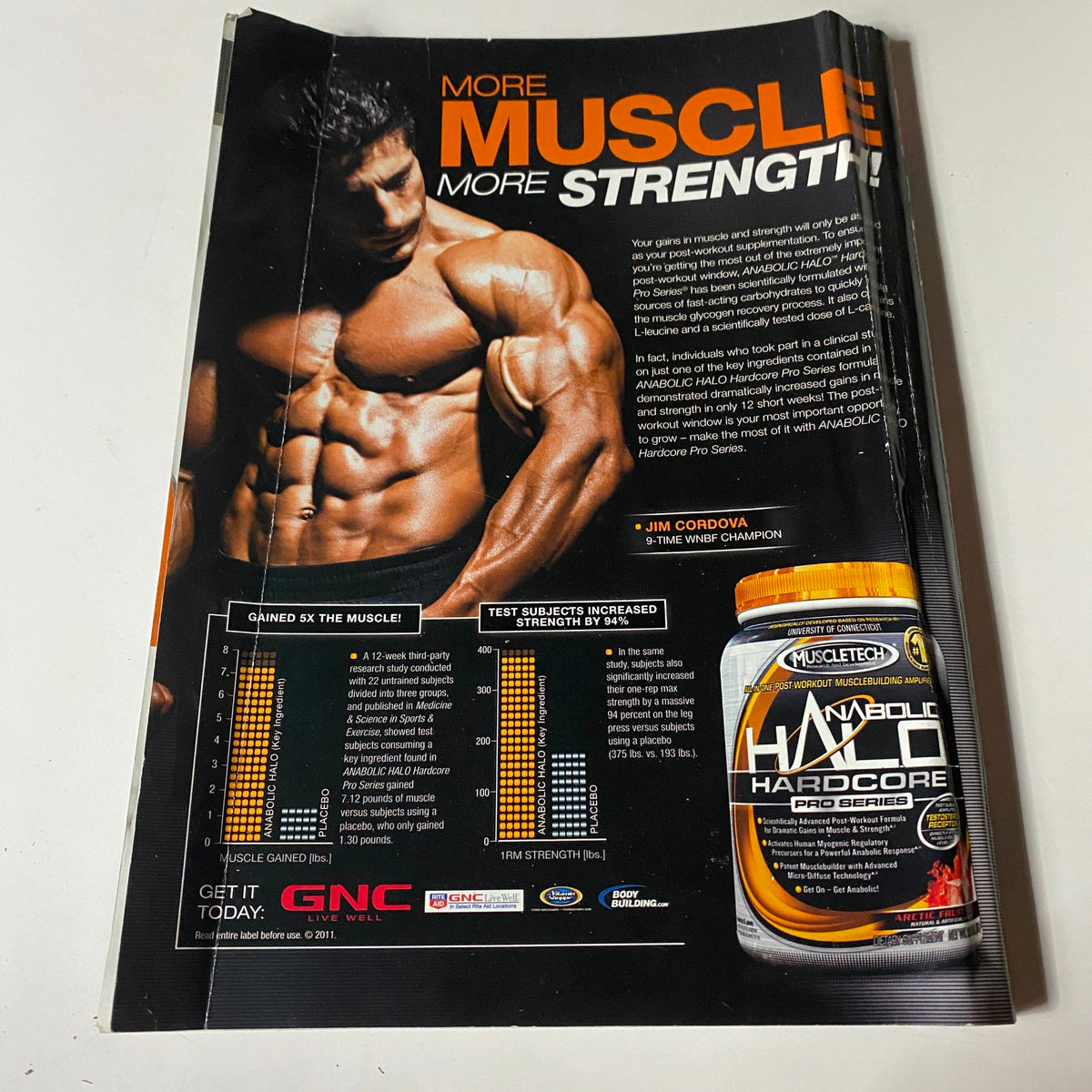 Inside page of MuscleMag Magazine September 2011 No. 352 highlighting a bodybuilding supplement with visuals of muscle growth and strength improvement.