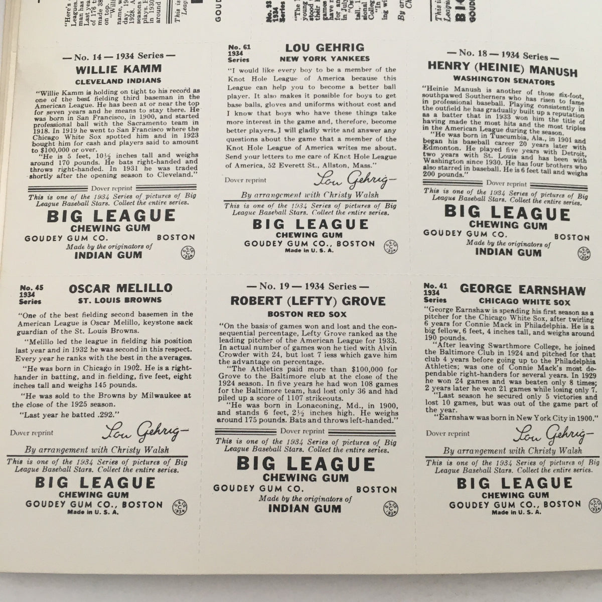 Interior view of American League Baseball Card Classic Collection 1982 Featuring Allie Reynolds, showcasing notable baseball players like Lou Gehrig, Oscar Melillo, and Robert Grove.