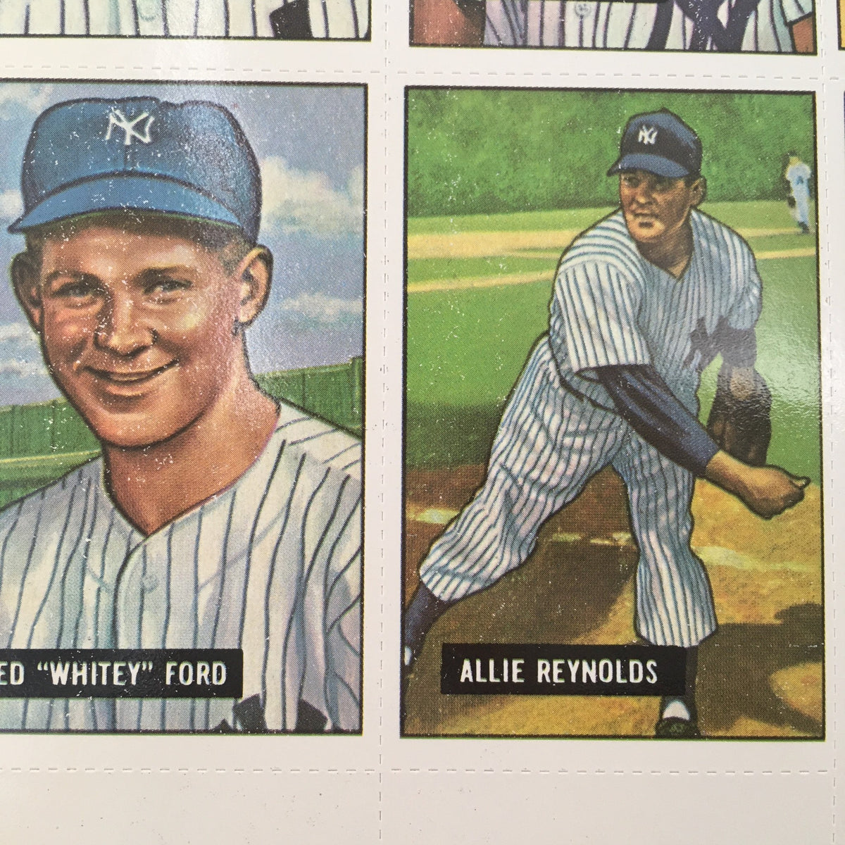 Illustration of Allie Reynolds, part of the American League Baseball Card Classic Collection 1982 Featuring Allie Reynolds, highlighting his pitching stance alongside Whitey Ford.