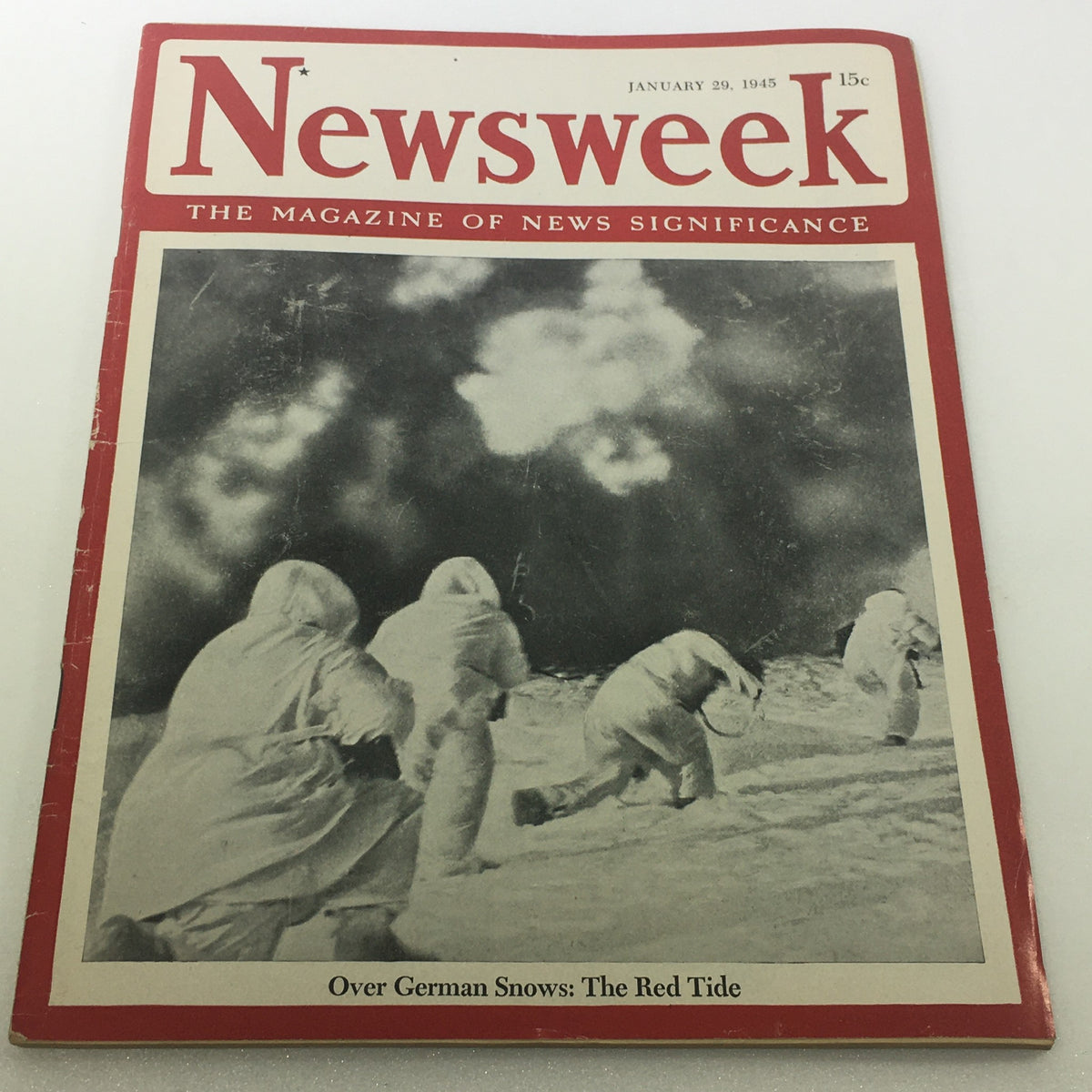 Vintage Newsweek magazine cover from January 29, 1945, featuring the title 'Over German Snows: The Red Tide'. The cover illustrates soldiers in white camouflage against a snowy backdrop, symbolizing a pivotal moment during World War II.