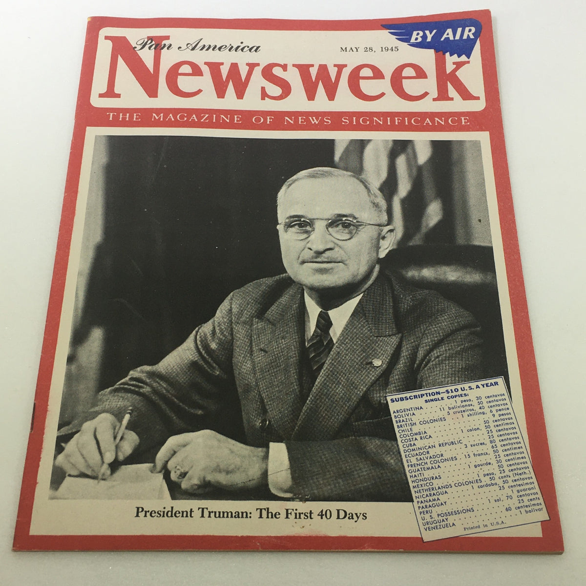 Vintage Newsweek Magazine Cover from May 28, 1945 featuring U.S. President Harry S. Truman, highlighting 'President Truman: The First 40 Days' and discusses aviation in the era.