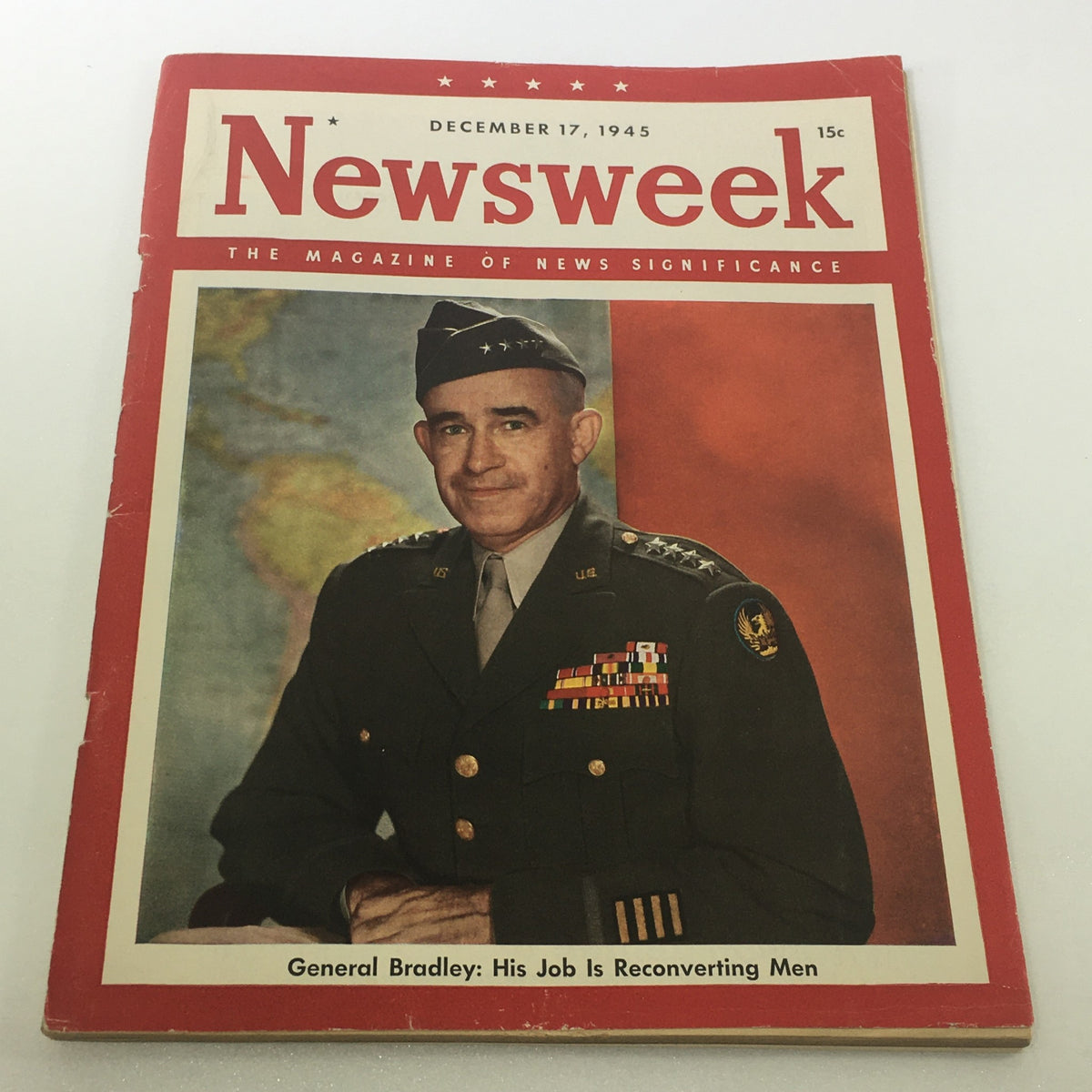 VTG Newsweek Magazine December 17 1945 featuring General Omar Bradley on the cover, showcasing a historic image of the General with the headline 'General Bradley: His Job Is Reconverting Men'.