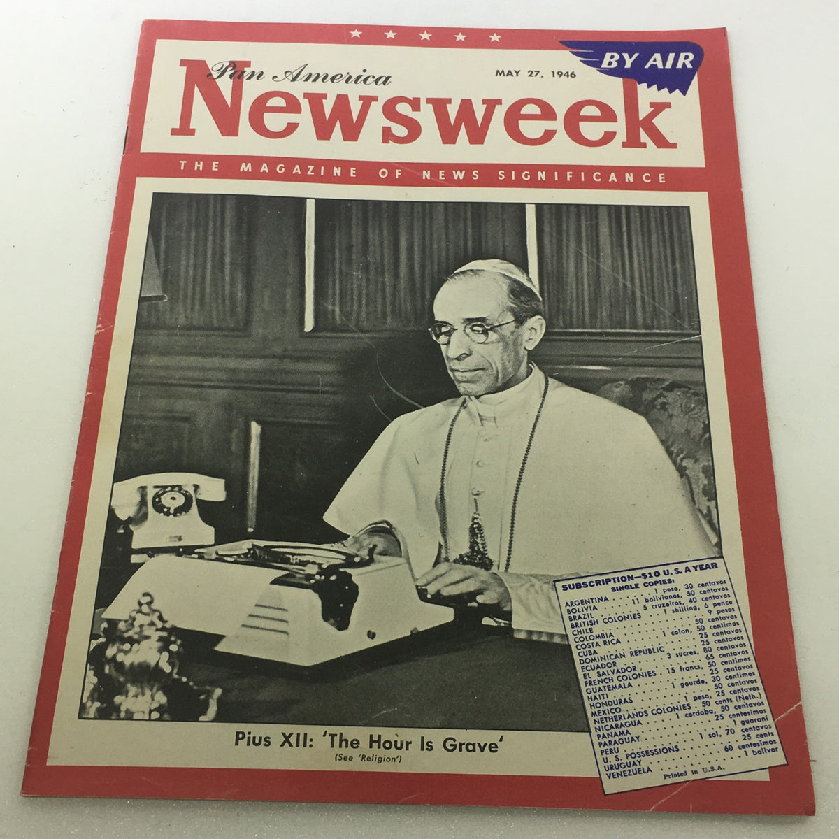 Cover of Newsweek Magazine, May 27, 1946, featuring Pope Pius XII, Pan America, and 'By Air,' no label