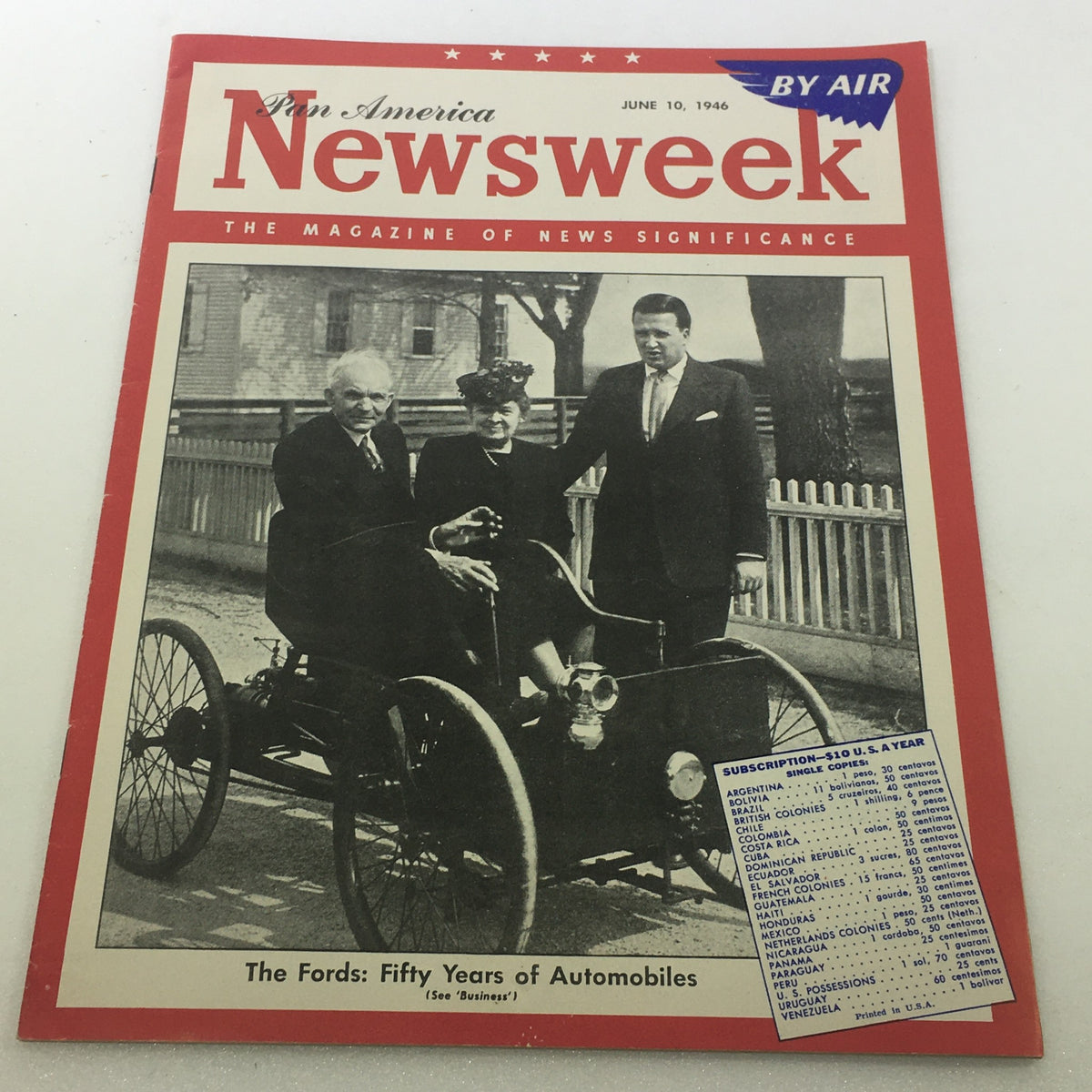 Vintage Newsweek Magazine dated June 10, 1946 featuring The Fords: Fifty Years of Automobiles, showcasing an image of early automobile pioneers.