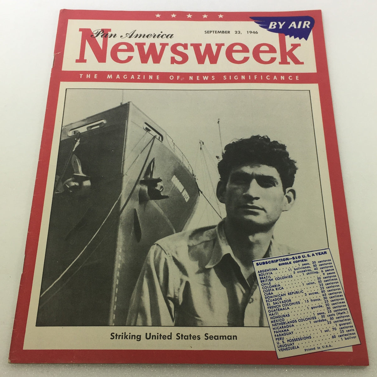 VTG Newsweek Magazine September 23 1946 cover featuring a striking United States seaman, highlighting the era of Pan America air travel with a black and white photo, and subscription details.