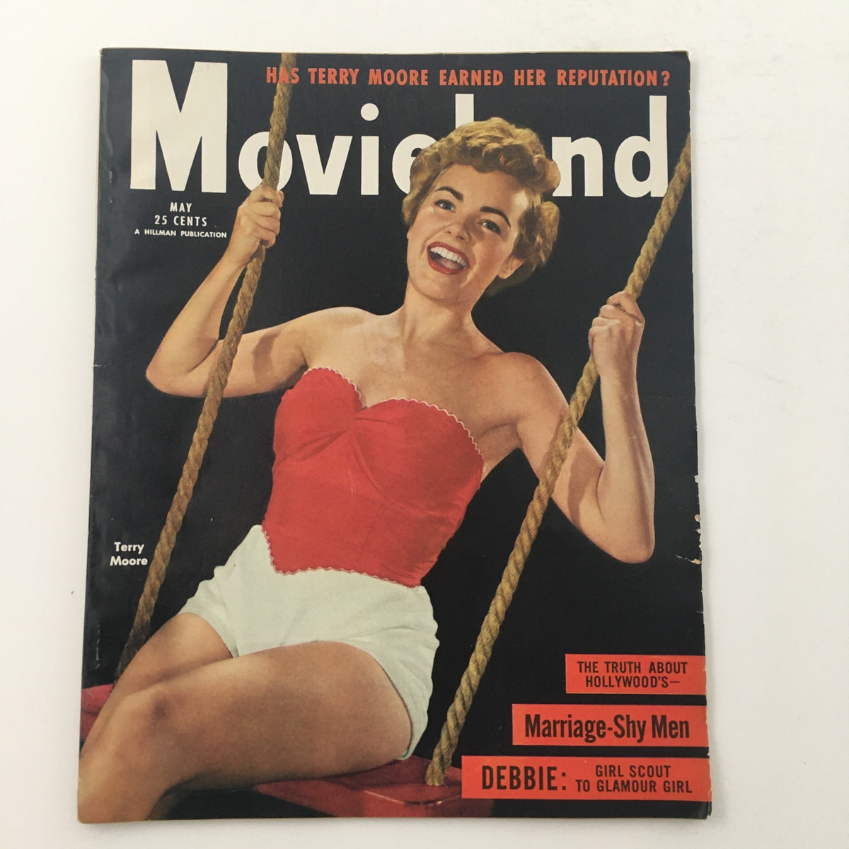 VTG Movieland May 1954 Volume 12 Issue 3 magazine cover featuring Terry Moore smiling, capturing the essence of 1950s Hollywood glamour.