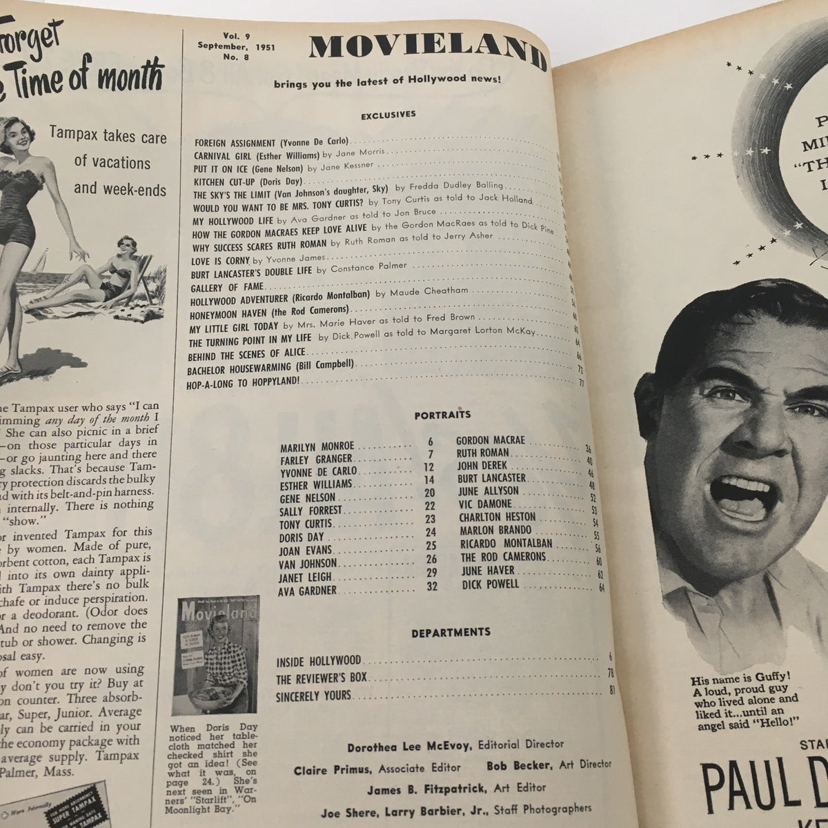 Inside page of VTG Movieland September 1951 Vol 9 #8 showing magazine articles and portraits including Gordon MacRae.