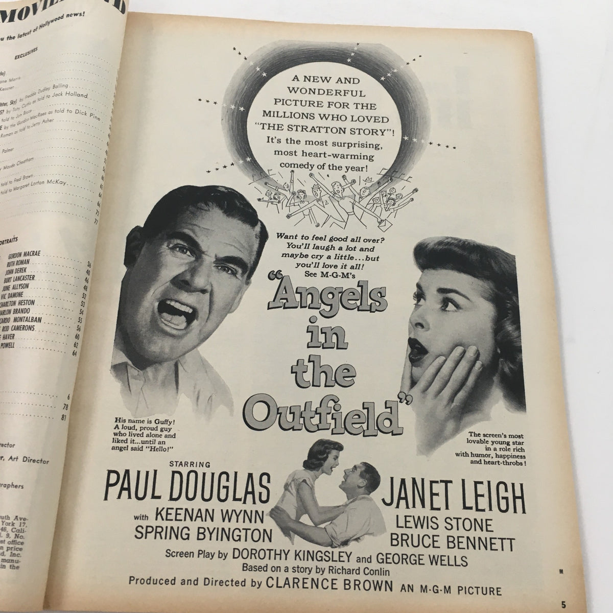 Inside page of VTG Movieland September 1951 magazine showcasing the film 'Angels in the Outfield' featuring Paul Douglas and Janet Leigh.
