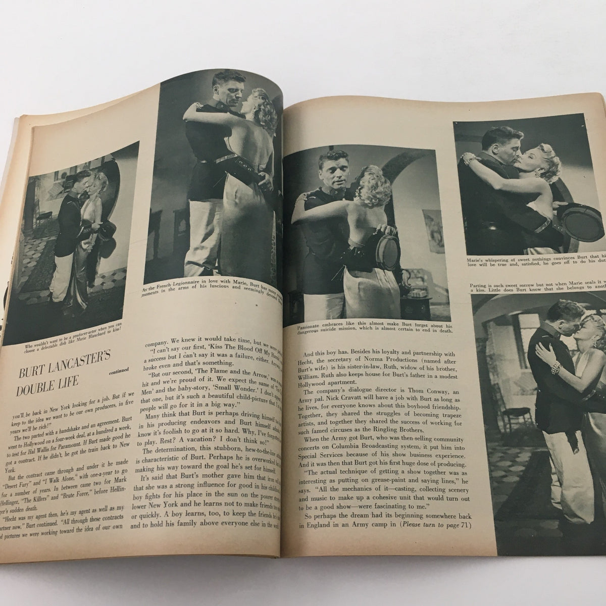 Inside page of VTG Movieland September 1951 magazine discussing Burt Lancaster's career with accompanying images from his films.