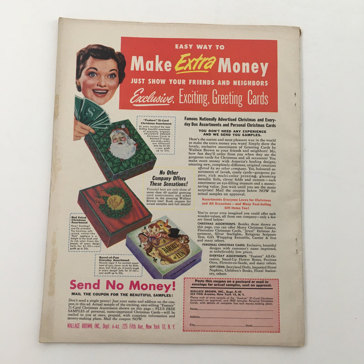 Advertising page from VTG Movieland September 1951 magazine promoting greeting card sales with an image of a woman holding holiday cards.