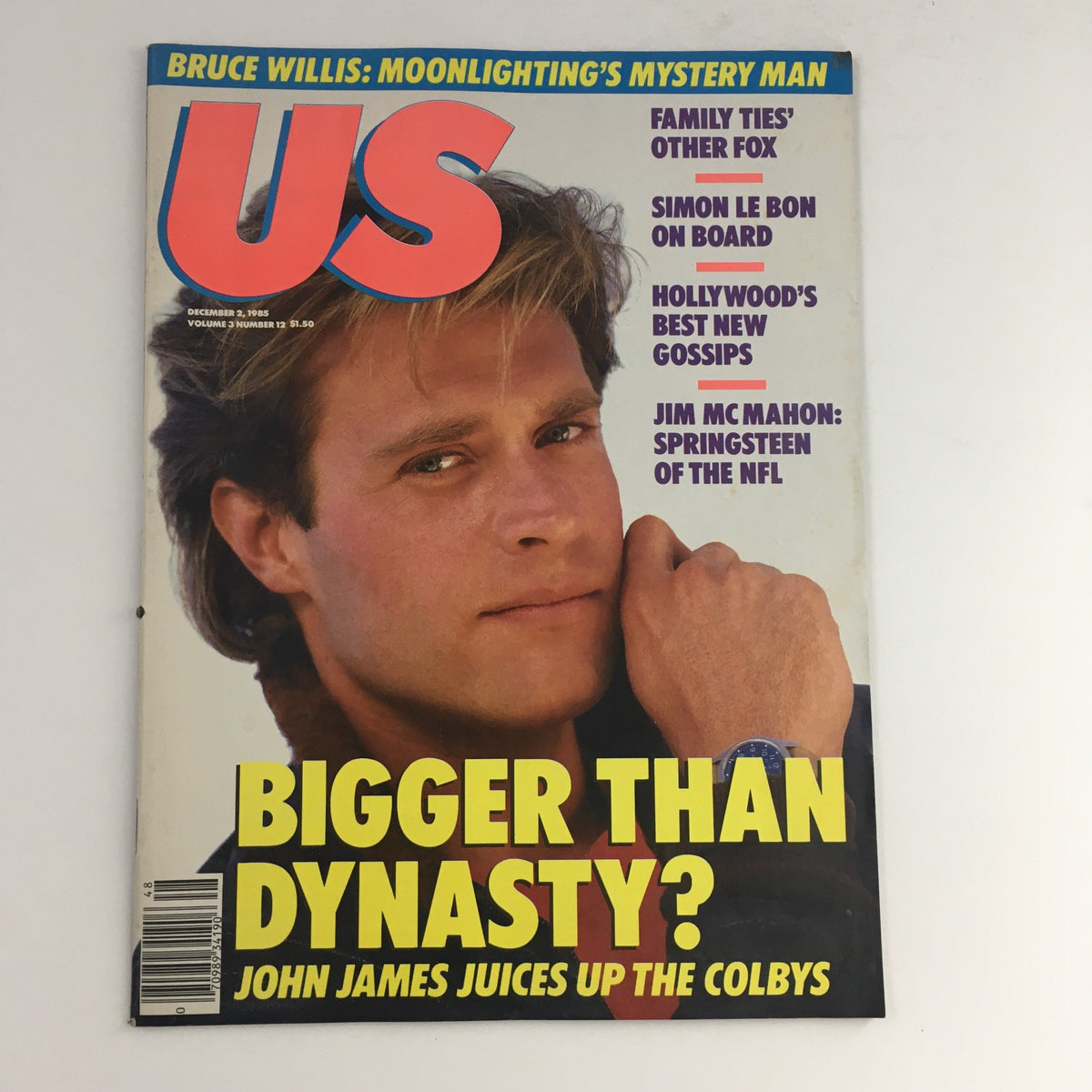 Cover of US Magazine Volume 3 Number 12 from December 2, 1985 featuring John James and Jim McMahon, highlighting celebrity culture and NFL during the 1980s.