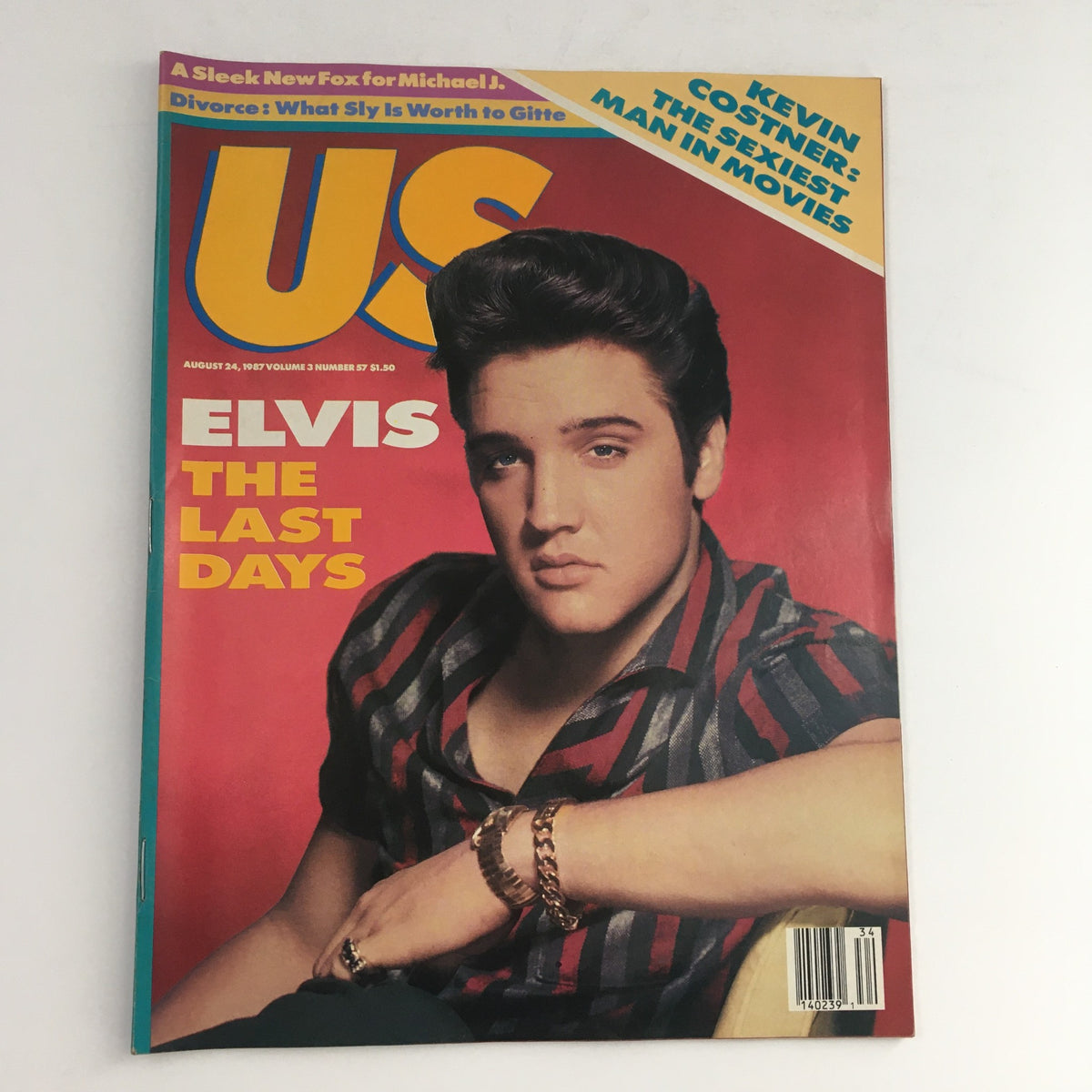 US Magazine Vol 3 #57 August 24 1987 featuring Elvis Presley on the cover, showcasing him with classic 1980s style, with headlines discussing his last days and a special mention of Kevin Costner as the sexiest man in movies.