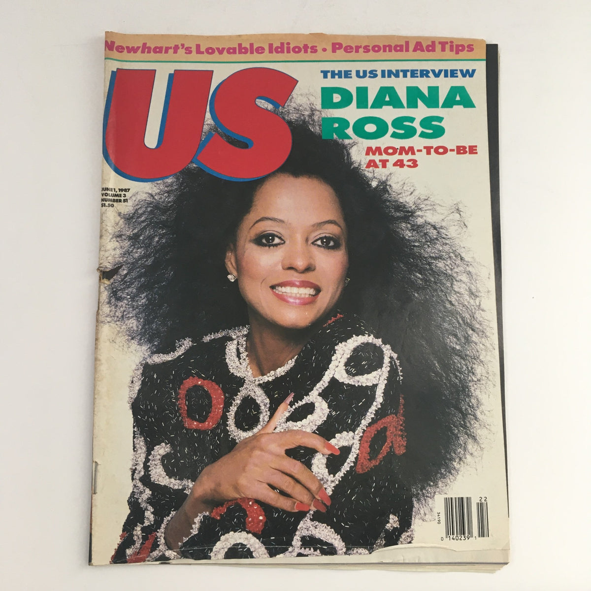 Cover of US Magazine Vol 3 #51 from June 1, 1987, featuring Diana Ross with the title 'Mom-To-Be at 43'. The vibrant cover showcases Diana Ross wearing a stylish outfit, highlighting her signature hair and makeup, making it an iconic piece of pop culture history.