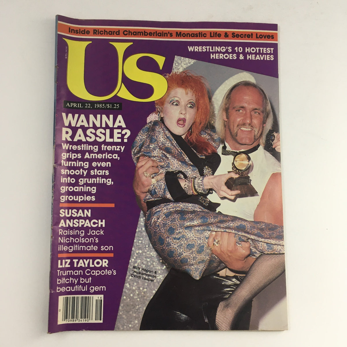 Cover of US Magazine April 22 1985 featuring Hulk Hogan and Cyndi Lauper, showcasing vibrant 1980s pop culture with cover headlines on wrestling and celebrity news.