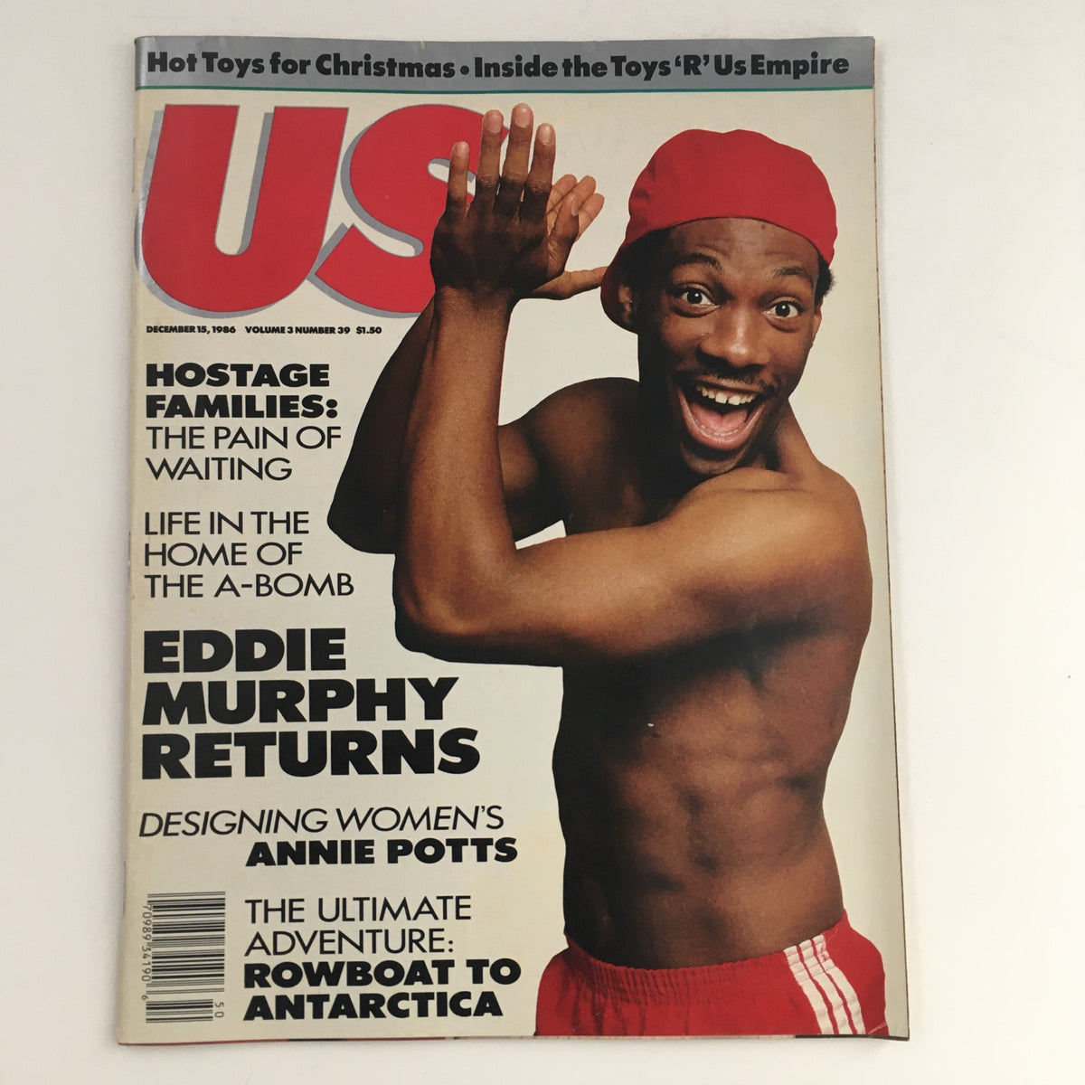 US Magazine Vol 3 #39 December 15 1986 cover featuring Eddie Murphy smiling and posing playfully. This iconic vintage magazine includes a feature on Annie Potts and highlights the fun and cultural significance of the 1980s entertainment scene.