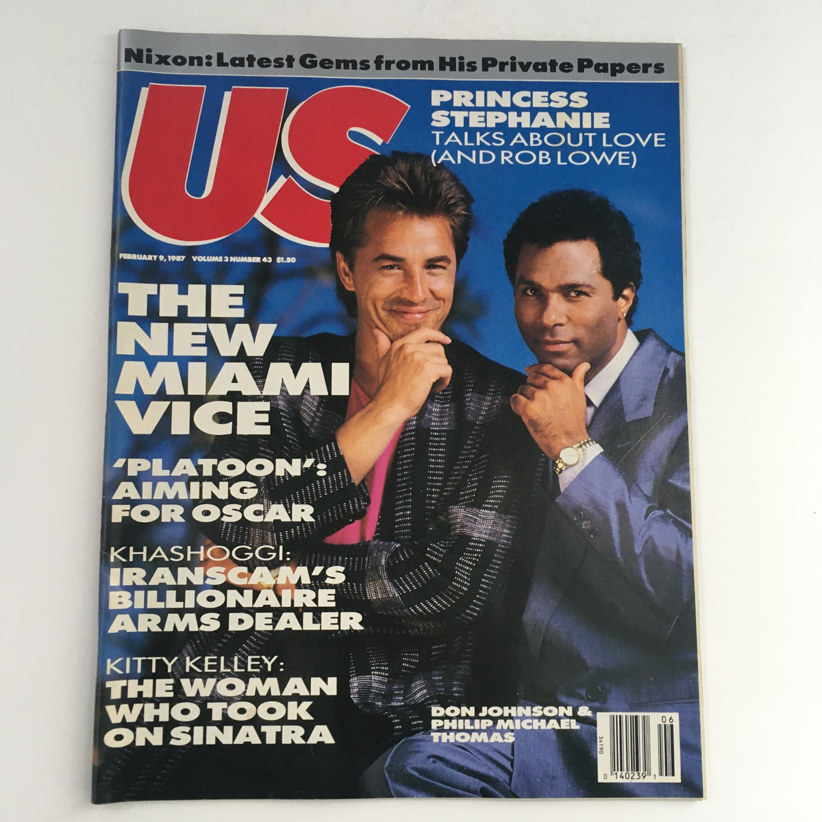 US Magazine Volume 3 Number 43 from February 9, 1987 featuring Don Johnson and Philip Michael Thomas on the cover, highlighting 'The New Miami Vice.' The magazine includes popular cultural topics from the late 1980s.