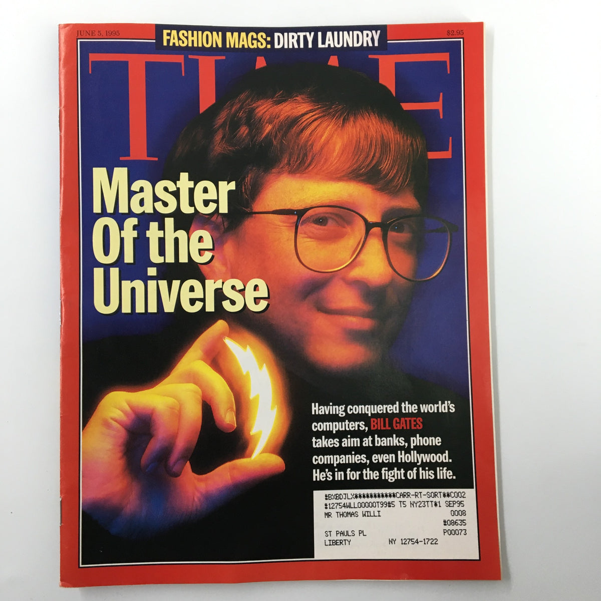 Time Magazine cover from June 5, 1995 featuring the title 'Master of the Universe' with Bill Gates. The image depicts Gates holding a lightning bolt, symbolizing his impact on technology and computing.