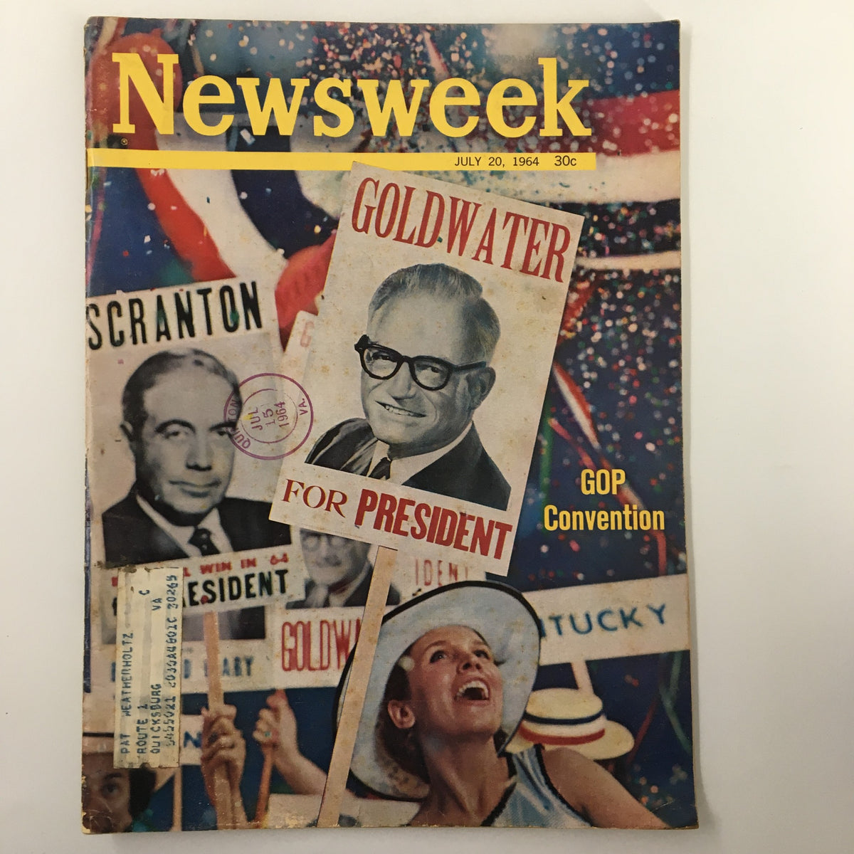 Cover of VTG Newsweek Magazine July 20 1964 featuring William Scranton and Barry Goldwater with a backdrop of the GOP Convention, showcasing political memorabilia and campaign enthusiasm.