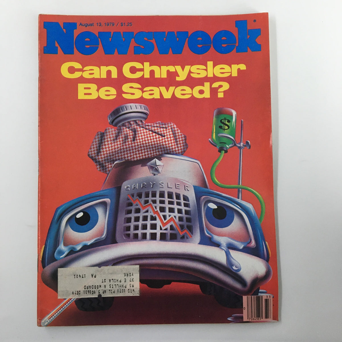 Cover of vintage Newsweek magazine from August 13, 1979 titled 'Can Chrysler Be Saved?' featuring a cartoonish car with an expressive face, wearing a checkered cap, alongside a money symbol and a declining graph, symbolizing Chrysler's financial struggles.