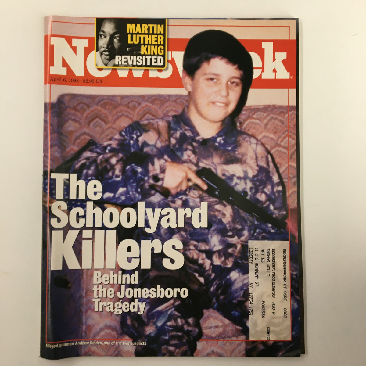 Cover of Newsweek Magazine, April 6, 1998, featuring the title 'The Schoolyard Killers: The Jonesboro Tragedy' with an image of a boy holding a weapon. The magazine discusses the tragic shooting incident in Jonesboro, Arkansas.