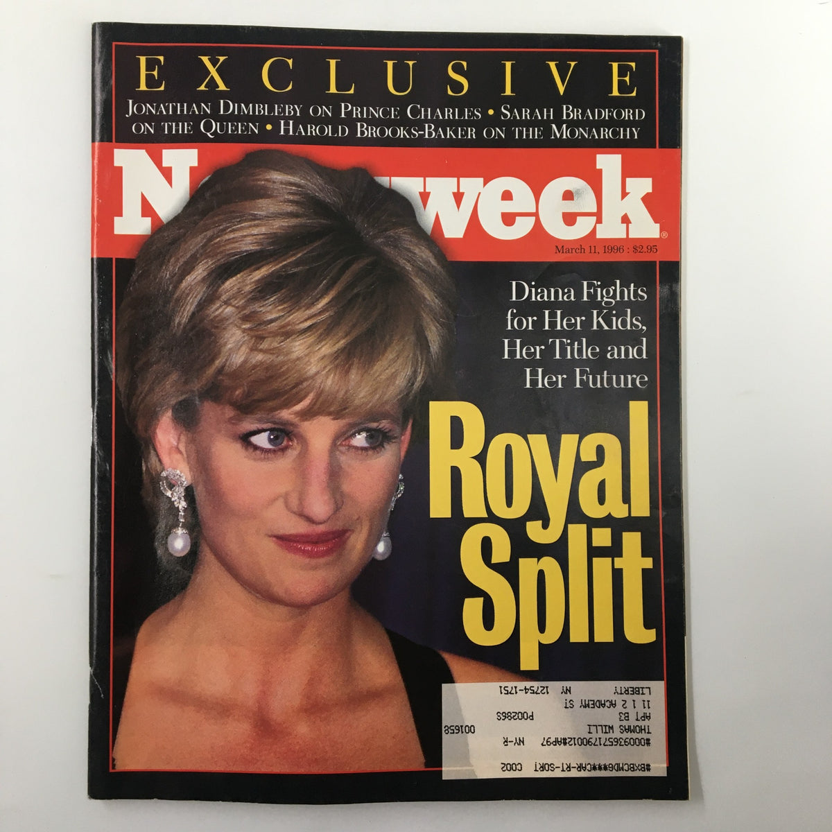 Cover of Newsweek Magazine March 11 1996 featuring Princess Diana, with the title 'Royal Split: Diana Fights for Her Kids, Her Title and Her Future' prominently displayed.