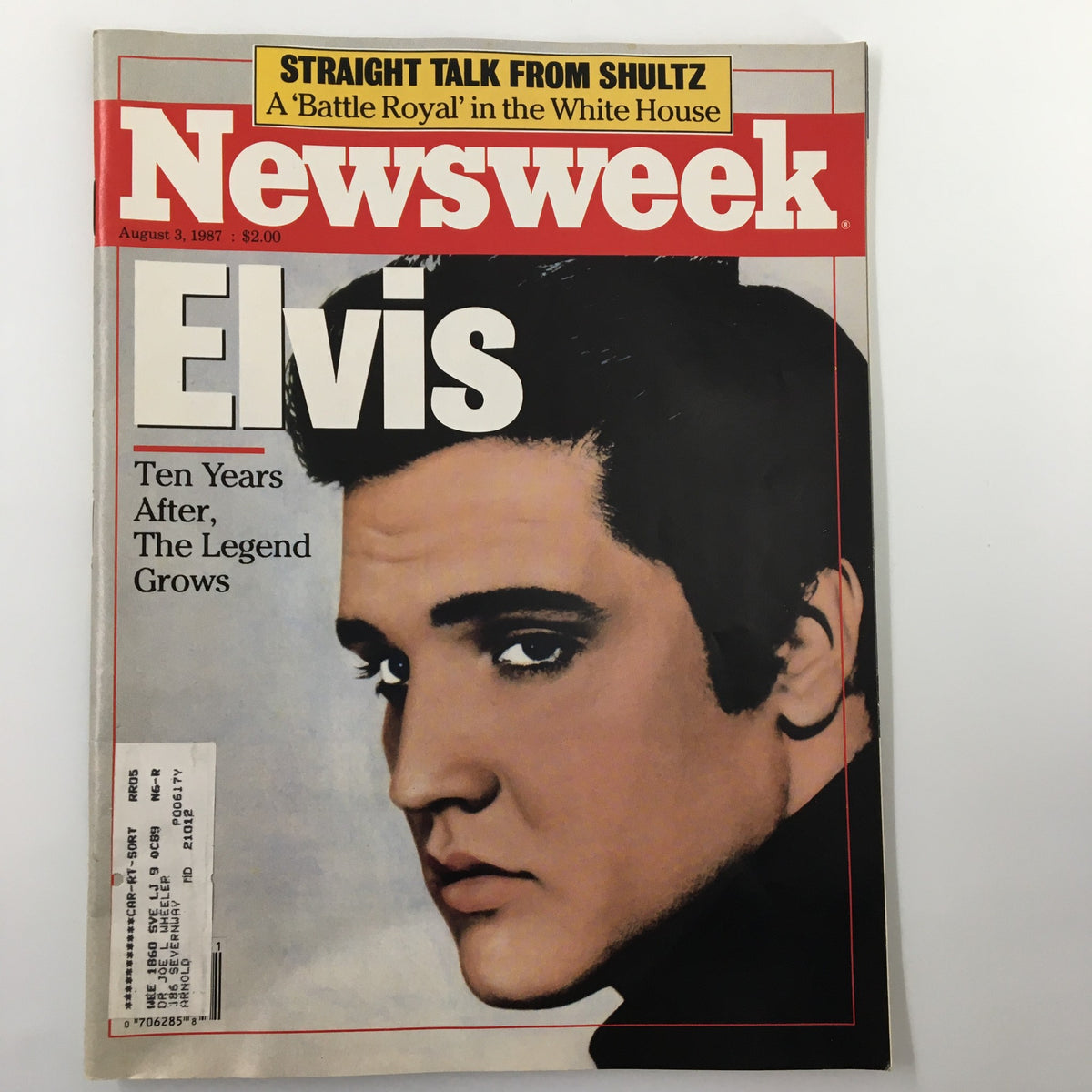 VTG Newsweek Magazine featuring Elvis Presley on the cover, dated August 3, 1987, titled 'Ten Years After, The Legend Grows'.