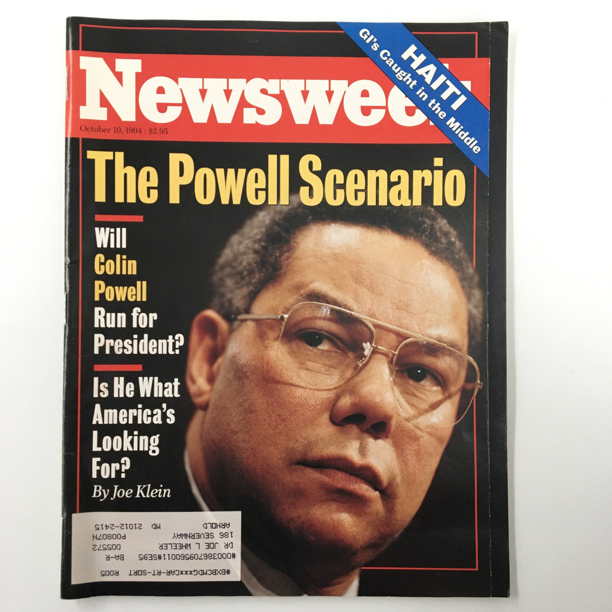 Newsweek Magazine October 10 1994 cover featuring the title 'The Powell Scenario'. The cover questions Colin Powell's potential presidential run, highlighting insights by Joe Klein.