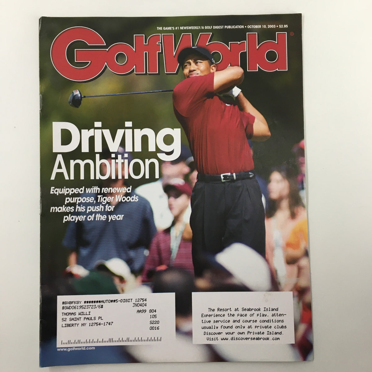 Cover of Golf World Magazine dated October 10, 2003, featuring Tiger Woods in 'Driving Ambition', showcasing his journey in golf.
