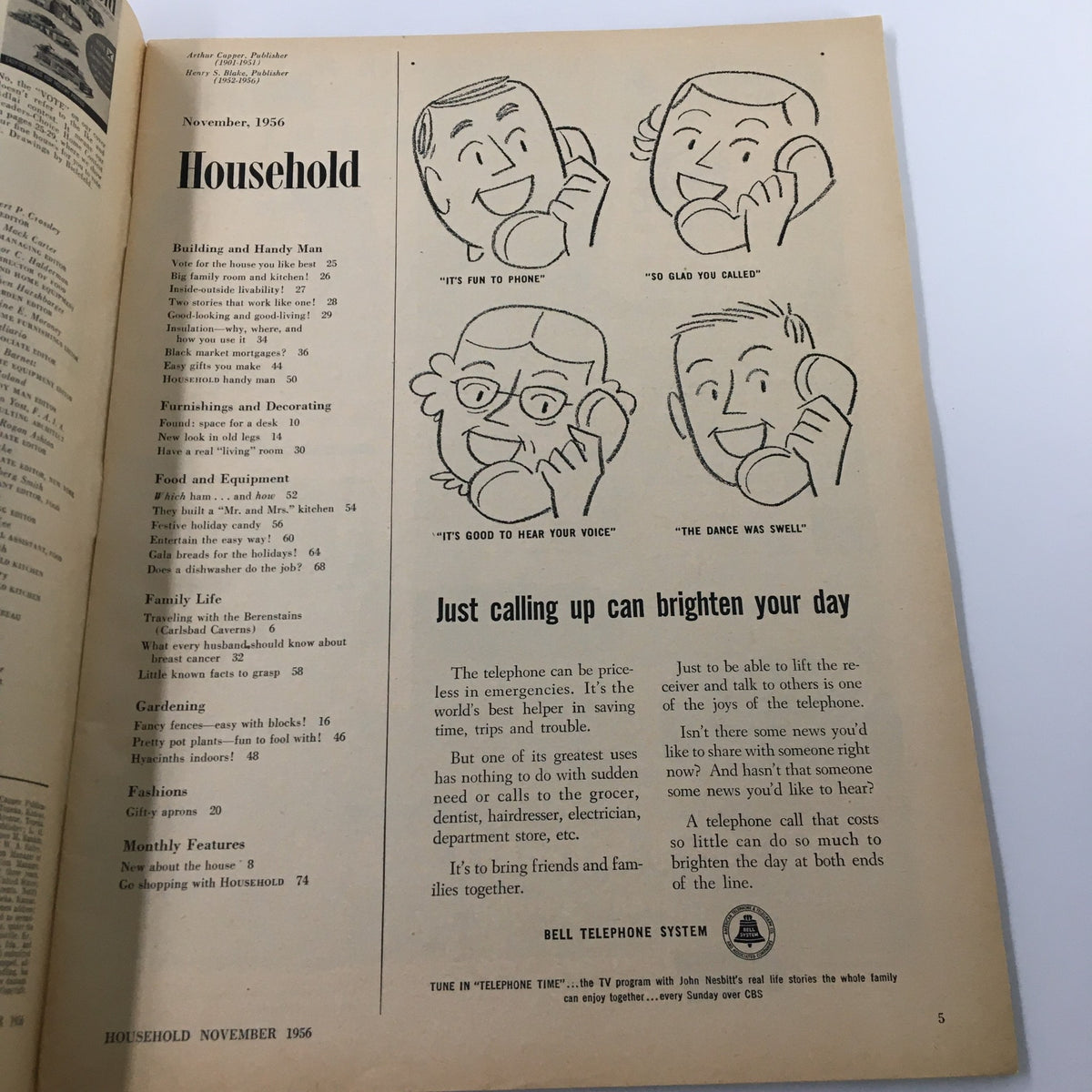 Interior page of the November 1956 Household Magazine with illustrated characters and an article about communication, reflecting the magazine's focus on household tips and family life.