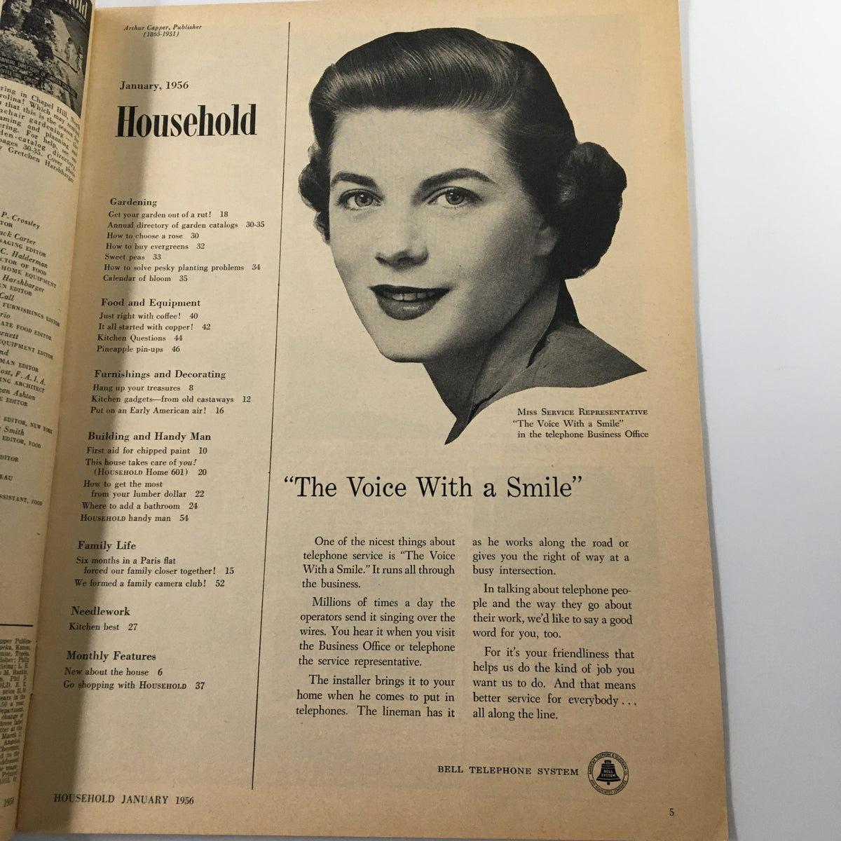 Inside page of VTG Household Magazine January 1956 displaying a woman with a vintage hairstyle and information about gardening and household topics, emphasizing the magazine's nostalgic charm.