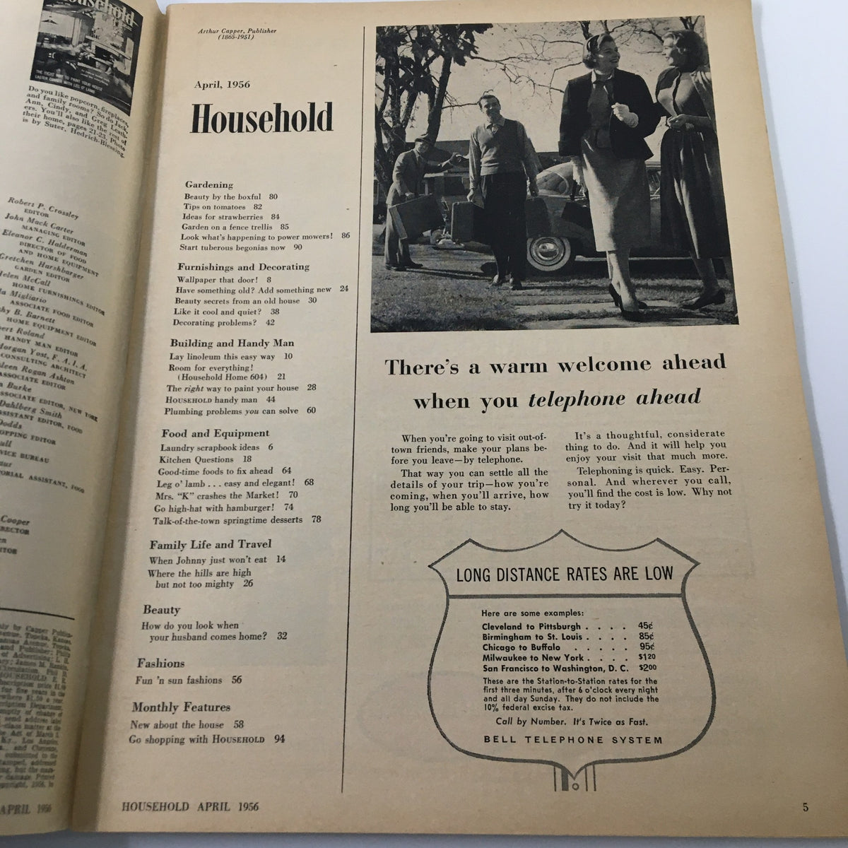 Inside page of VTG Household Magazine April 1956 displaying the table of contents with various articles related to gardening, DIY projects, and family tips.