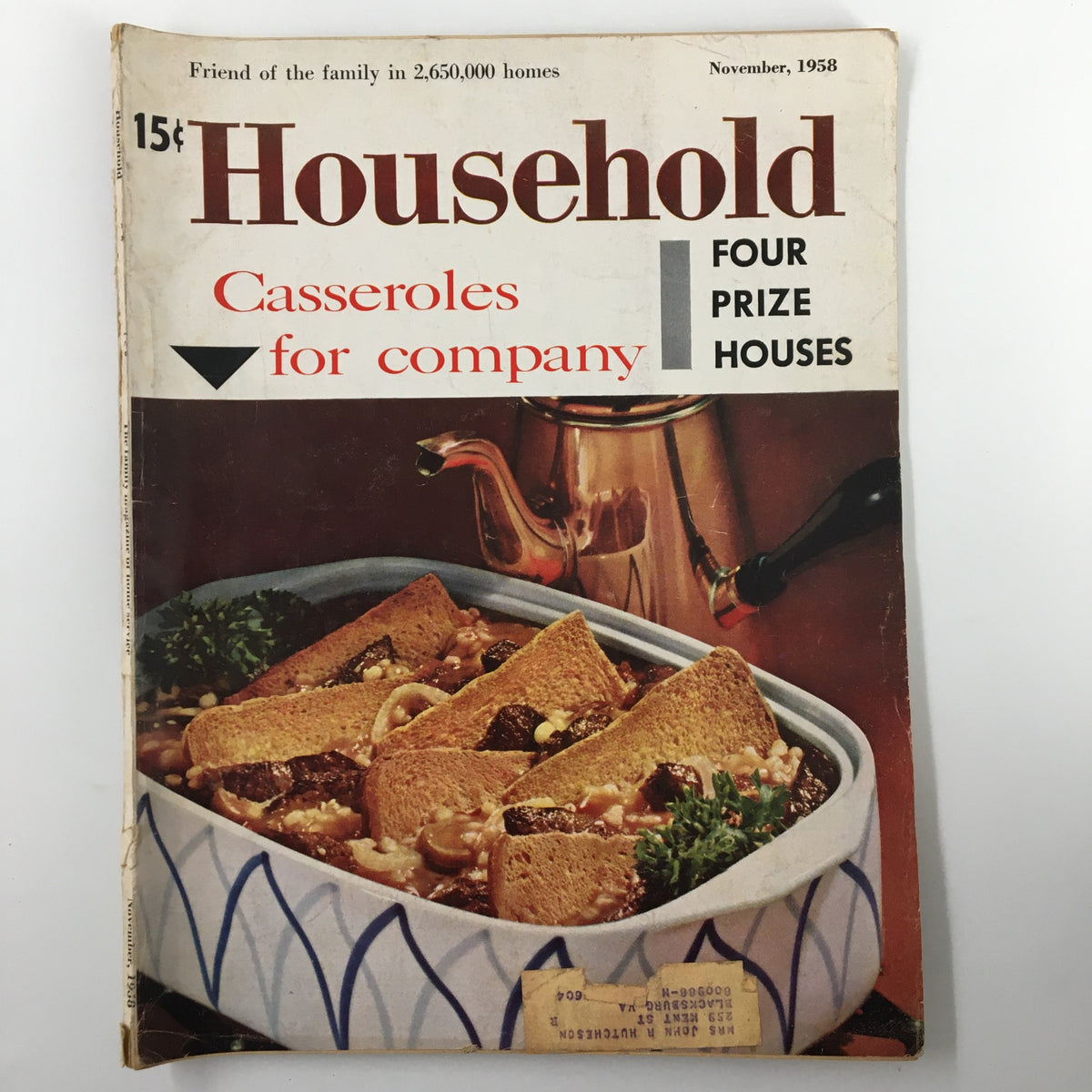 Cover of the VTG Household Magazine November 1958, featuring a casserole dish and kitchen items, emphasizing houseplant care and home décor.