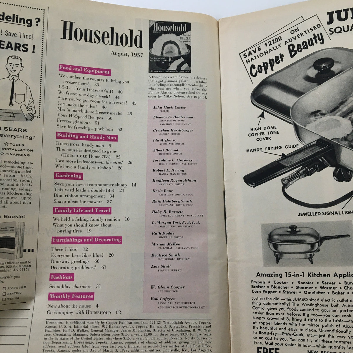 Interior page of VTG Household Magazine August 1957 showcasing articles on food, gardening, family life, and home decor.