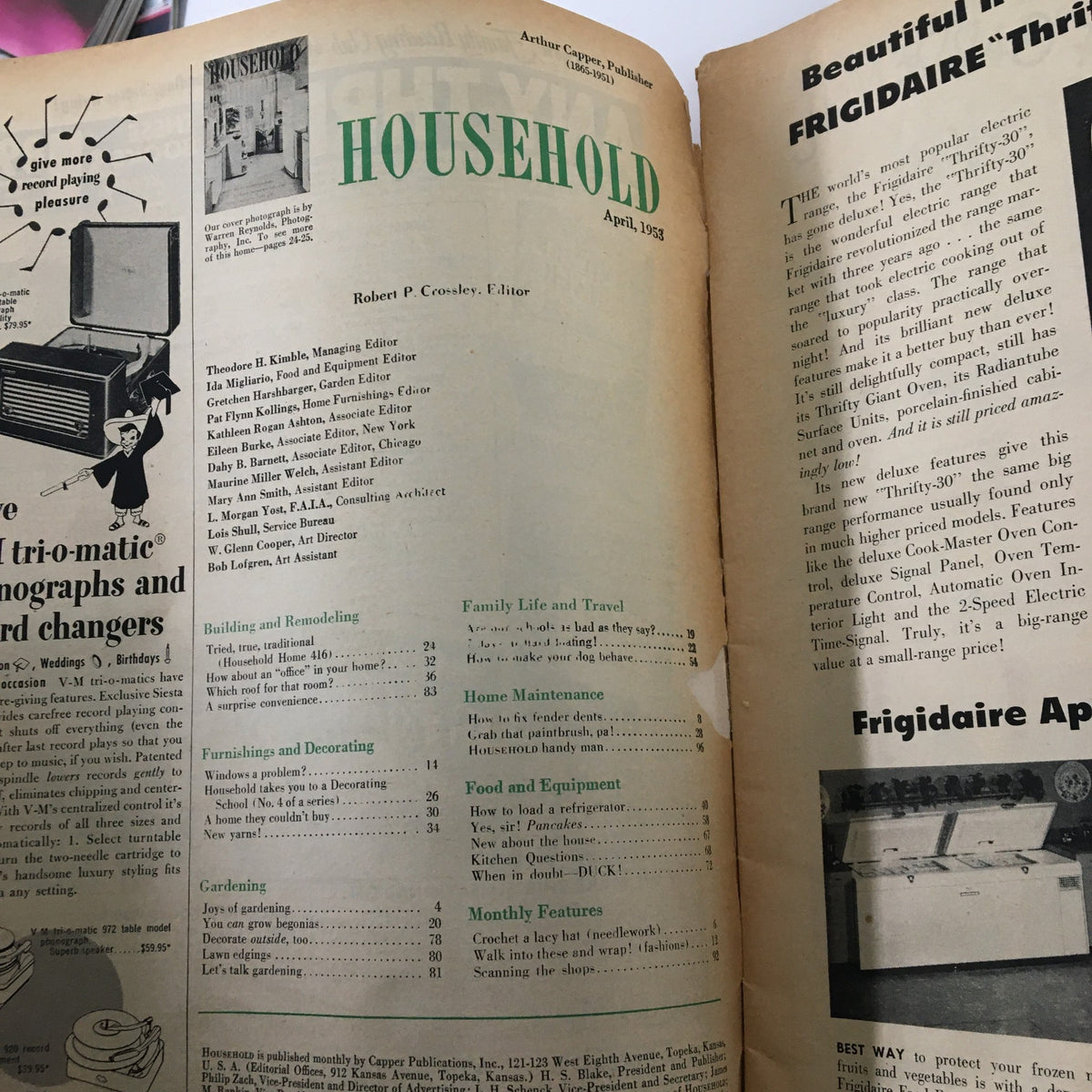 Inside page of VTG Household Magazine April 1953 displaying the table of contents and various household tips, underlining the magazine's mid-century charm.