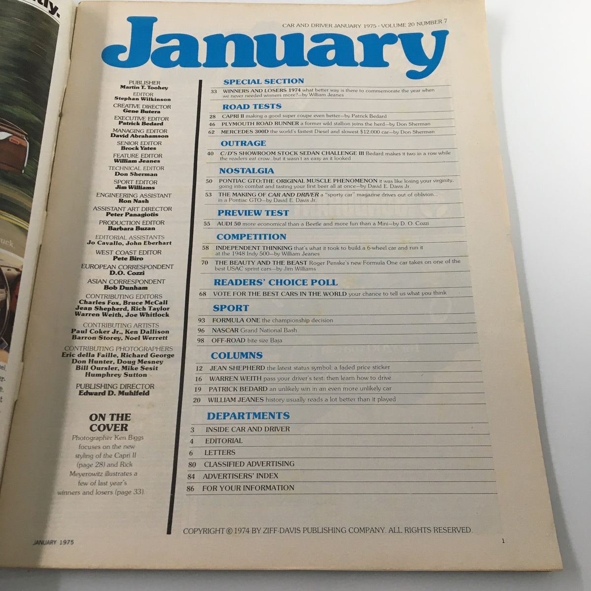 Table of contents page from VTG Car and Driver Magazine January 1975, detailing articles and special sections for car enthusiasts.