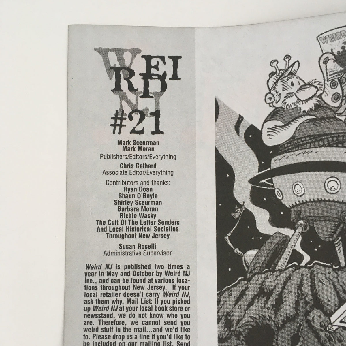 Weird N.J. Magazine 2003 #21 Travel Guide to NJ Local Legends inside page showing the editorial team and acknowledgments.