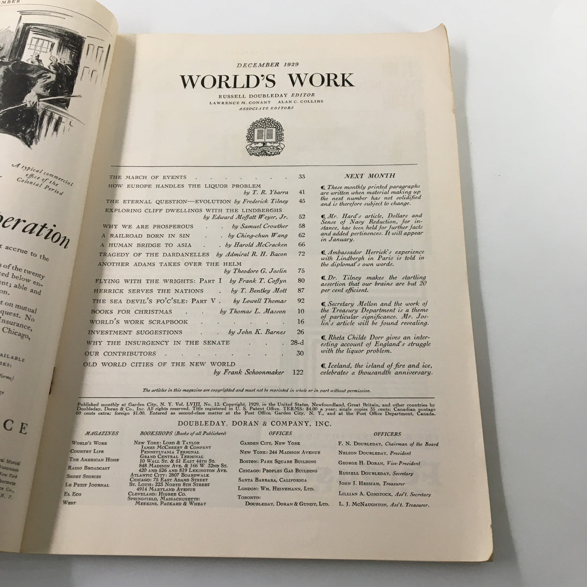 Interior page of VTG World's Work Magazine December 1929, featuring the contents section, showcasing articles including exploration with Col. Lindbergh.