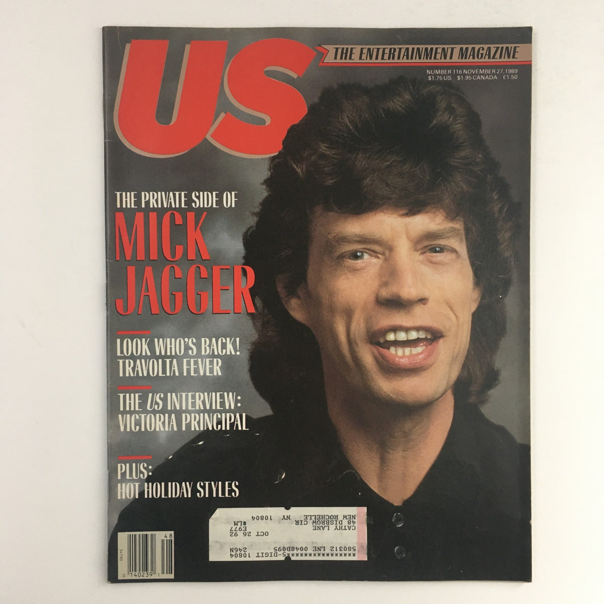 US Magazine #116 November 27, 1989 featuring Mick Jagger on the cover, highlighting his private side along with articles about John Travolta and Victoria Principal, perfect for vintage magazine collectors.