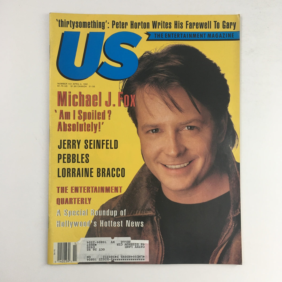 US Magazine #151 April 4 1991 featuring Michael J. Fox on the cover, with the tagline 'Am I Spoiled? Absolutely!' along with Jerry Seinfeld and Pebbles. This vintage magazine captures 90s pop culture.