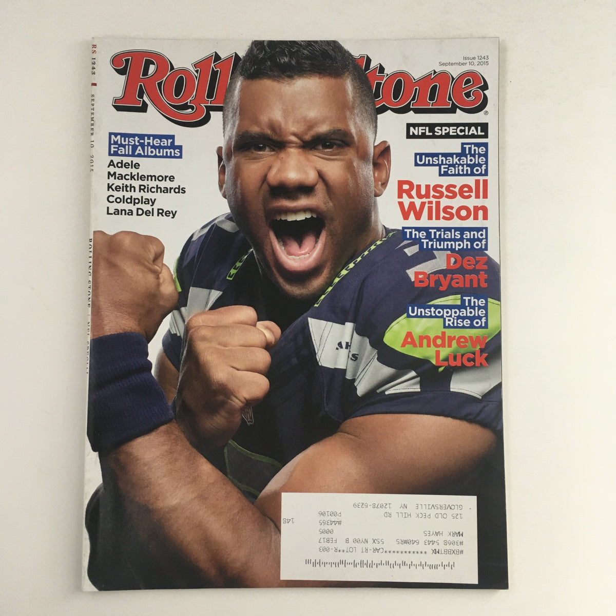 Rolling Stone Magazine September 10 2015 cover featuring NFL stars Russell Wilson and Dez Bryant, showcasing a vibrant photo of Wilson celebrating with a powerful expression, capturing the essence of sports culture in that era.