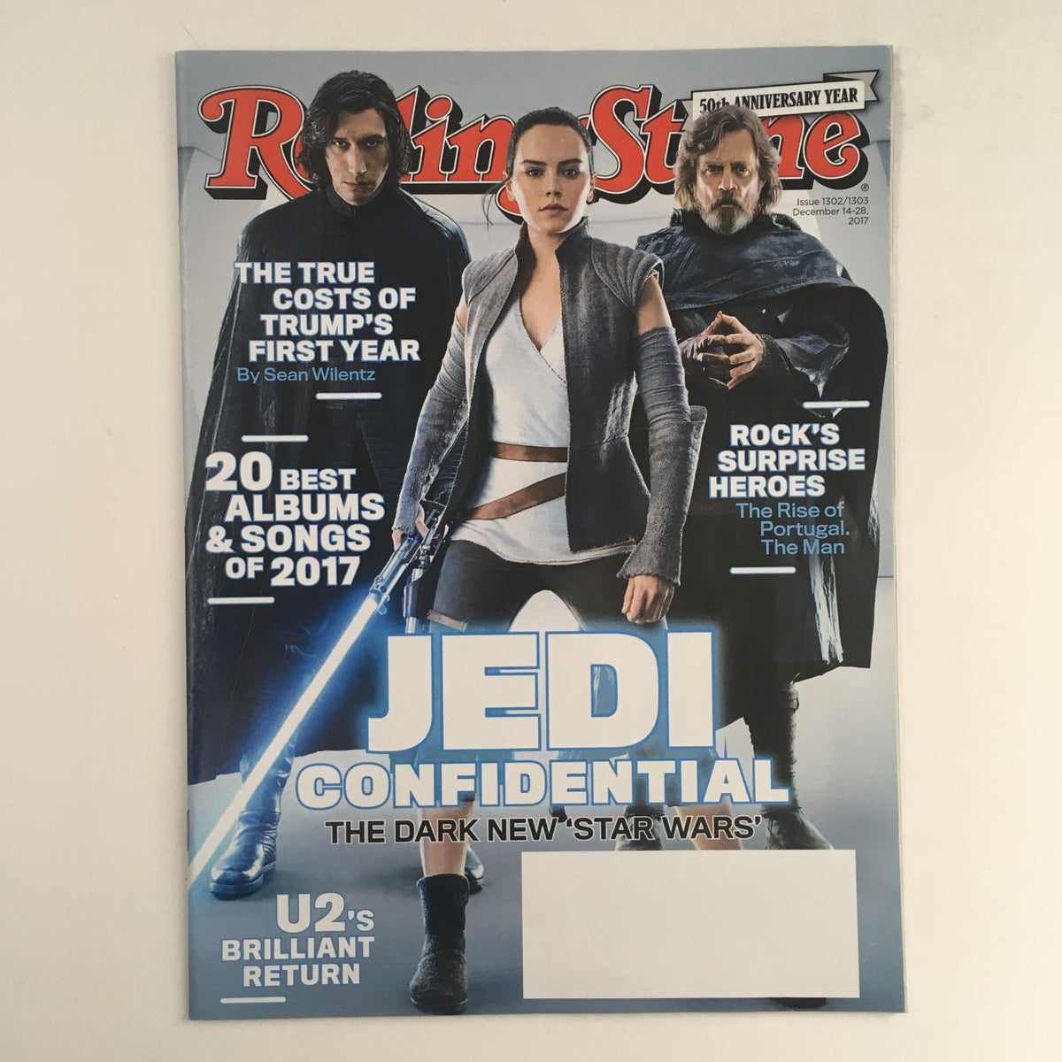 Rolling Stone Magazine December 14 2017 cover featuring Adam Driver, Daisy Ridley, and Mark Hamill with the headline 'Jedi Confidential'.